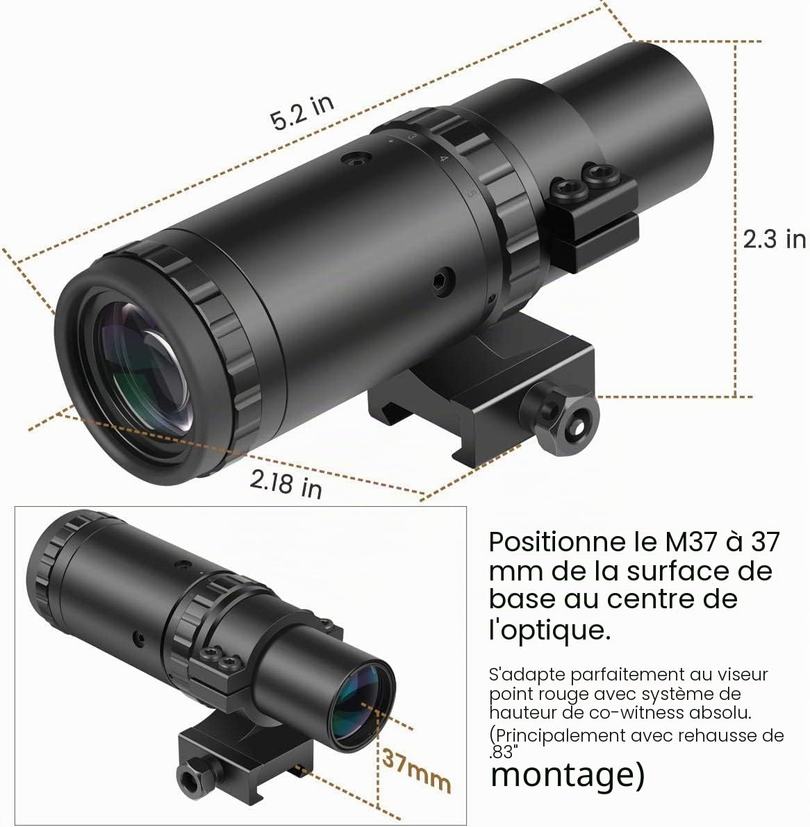 Feyachi M37 1.5X - 5X Loupe pour Point Rouge avec réglage de la Mise au Point par Montage latéral