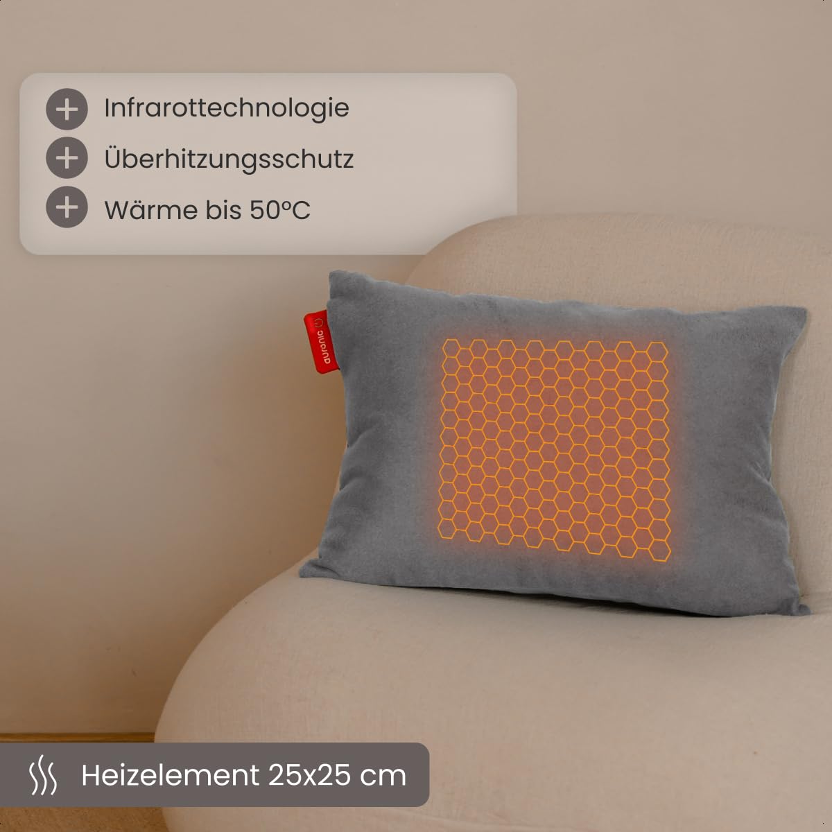 Auronic Heizkissen Kabellos - Wärmekissen mit Akku - Kabelloses Kissen mit Abschaltautomatik - Elektrisches - Beheizbares - Infrarot - Aufladbar - Für Rücken - 45x60cm