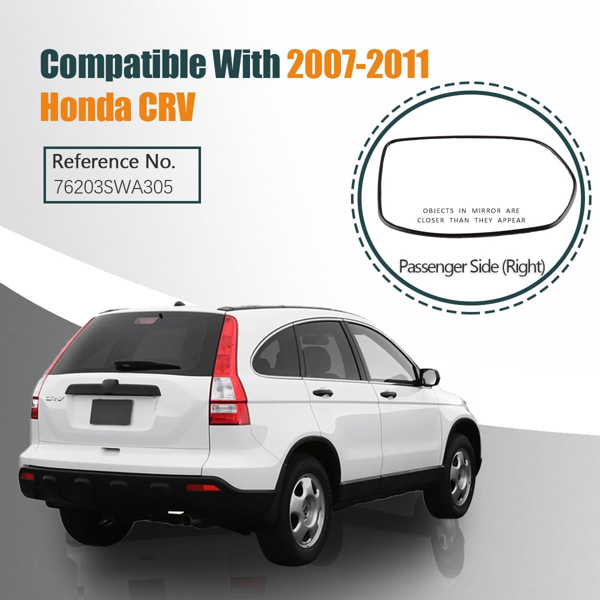 Right Passenger Side Mirror Glass w/Heated Compatible for Honda CRV 2007 2008 2009 2010 2011 Heated Chrome Rear View Mirror Glass with Backing Plate and Cushion, Truck Mirrors 76203SWA305