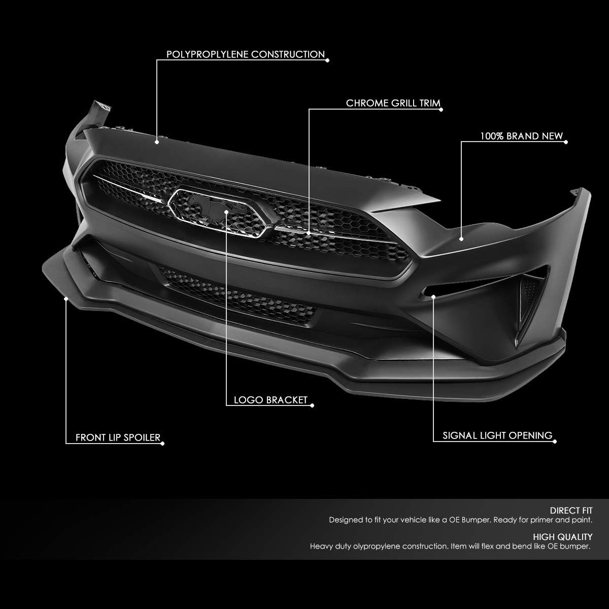 DNA Motoring BUMP-FM18-PULL Full Front Hood Bumper Honeycomb Mesh Style Grille/Frame Compatible with 18-20 Ford Mustang GT/Ecoboost