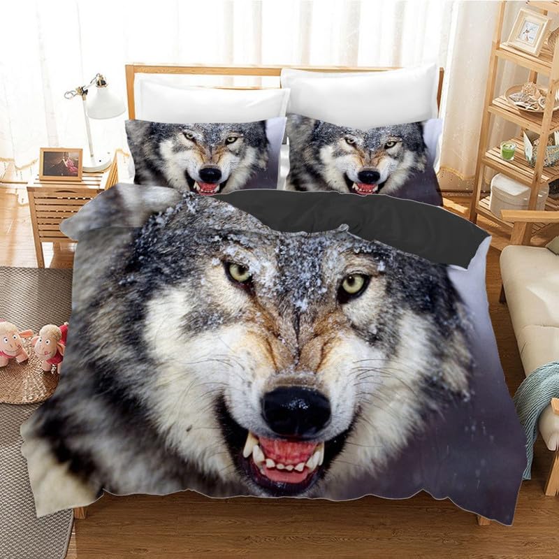 Housse de couette loup 220x240 cm en microfibre avec 2 taies 65x65