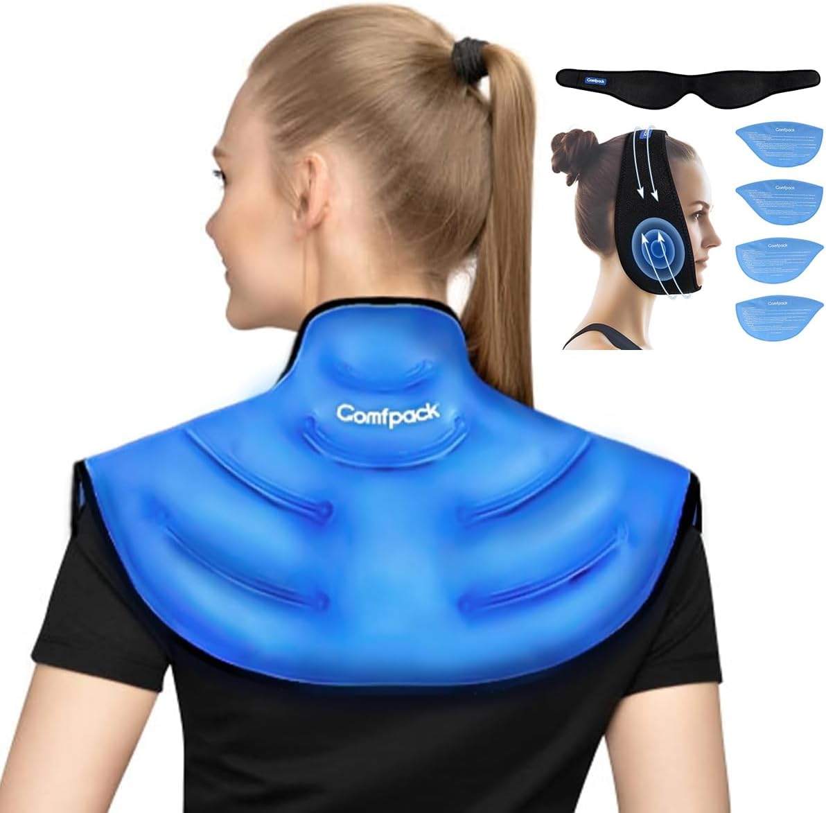 Comfpack Ice Pack for Neck and Shoulder Pain Relief, Gel Neck Ice Pack Wrap Reusable Hot Cold Compress Therapy, Wisdom Teeth Ice Pack Head Wrap After Surgery, 4 Reusable Hot & Cold Therapy