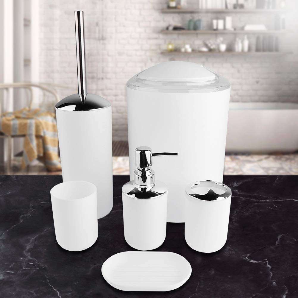 6 unids/Set de Accesorios de baño, Soporte para Cepillo de Dientes, Bote de Basura, dispensador de jabón, Taza de Enjuague, jabonera, portaescobillas de Inodoro(Blanco)
