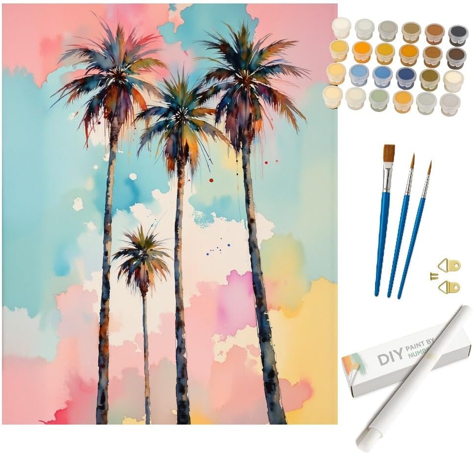 Palm Trees Paint by Numbers Kit for Adults - DIY Tropical Palm Trees with Colorful Sky Painting on Canvas, Acrylic Paint Set, Suitable for Beginners, Art for Home Decoration or Gifts(16X20IN Framed)