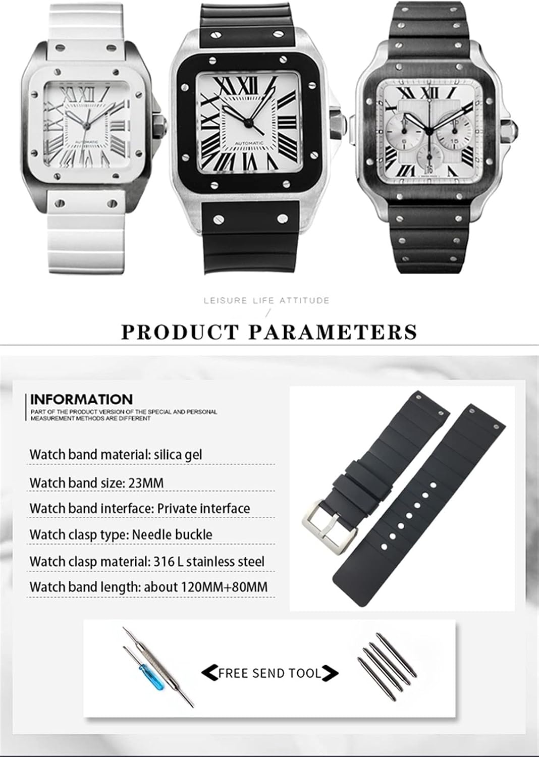 Buy GGFAOK for Santos Watchband 23mm Silicone Watch Strap for Santos De  Cartier 100 Black Brown Waterproof Sport Wrist Band (Color : Brown, Size :  23mm) Online in Saint Helena, Ascension and