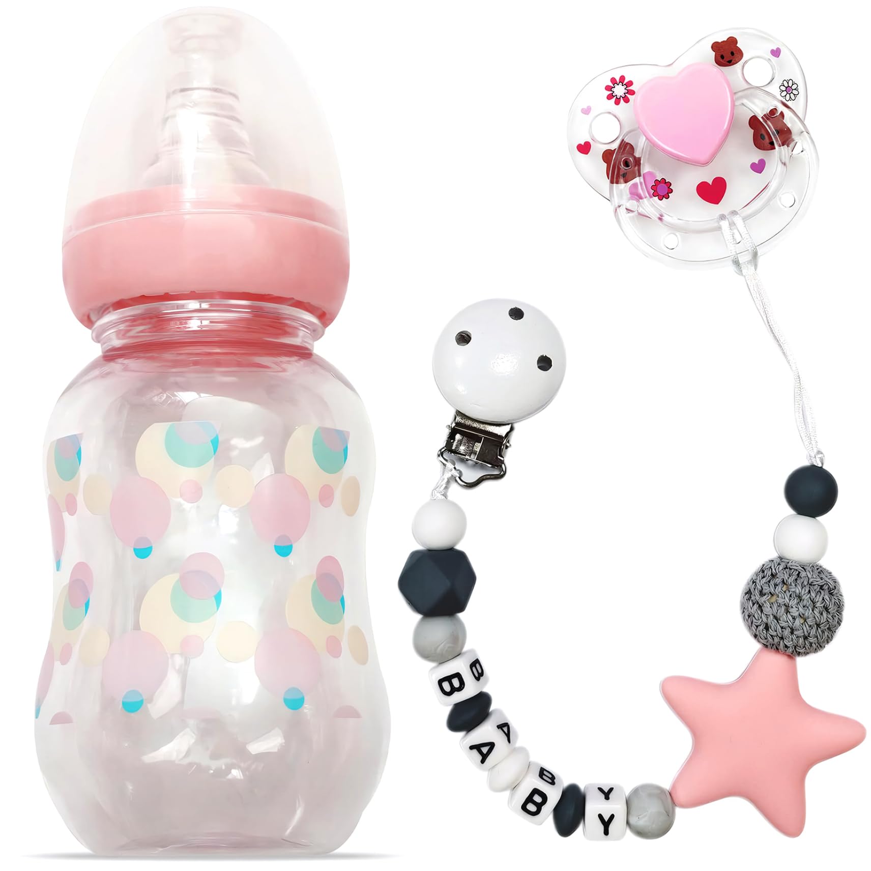 Pineeseatile 3Pcs Baby Doll Accessories Set Includes Bottles Magnetic Pacifier and Chain for Baby Doll Feeding