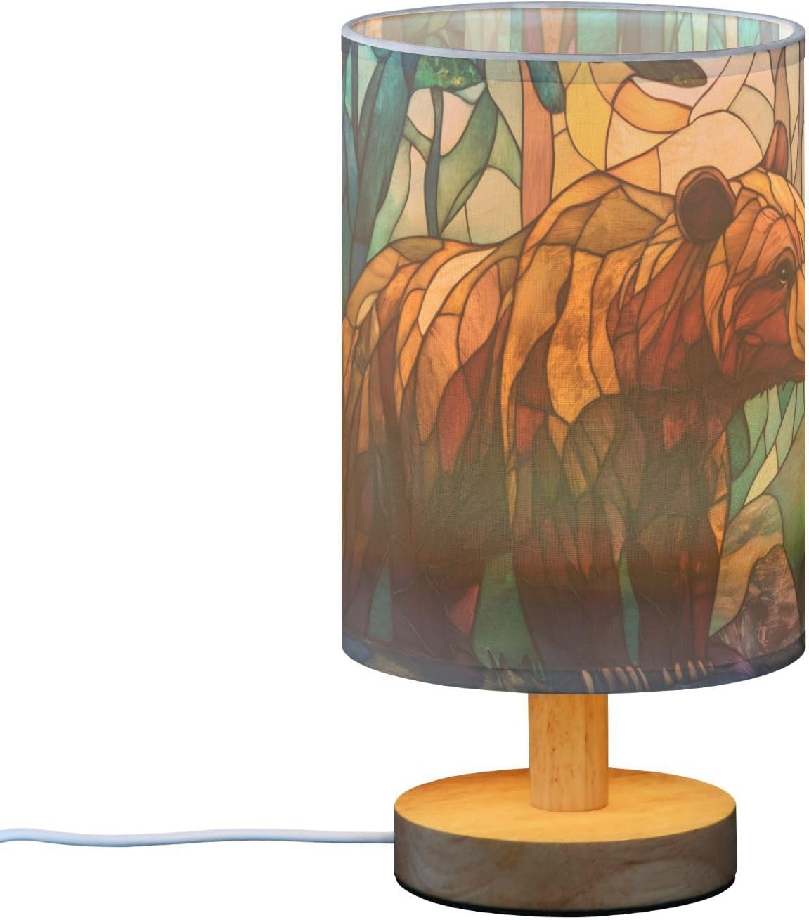 Table Lamp Stained Glasses Bear Print LED Warm Light with USB Port, Decor Night Stand Beside Lamp for Bedroom Living Room Office