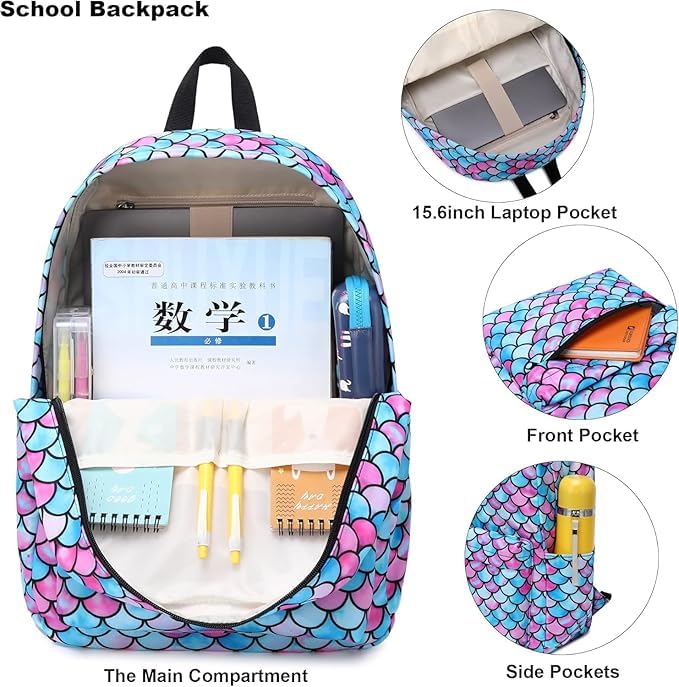 Image of 17-Inch School Backpack Set for Girls (3-in-1: Backpack + Lunch Bag + Pouch) | Padded Laptop Sleeve (Fits up to 16″) & Padded Shoulder Straps | Perfect for School, College & Travel