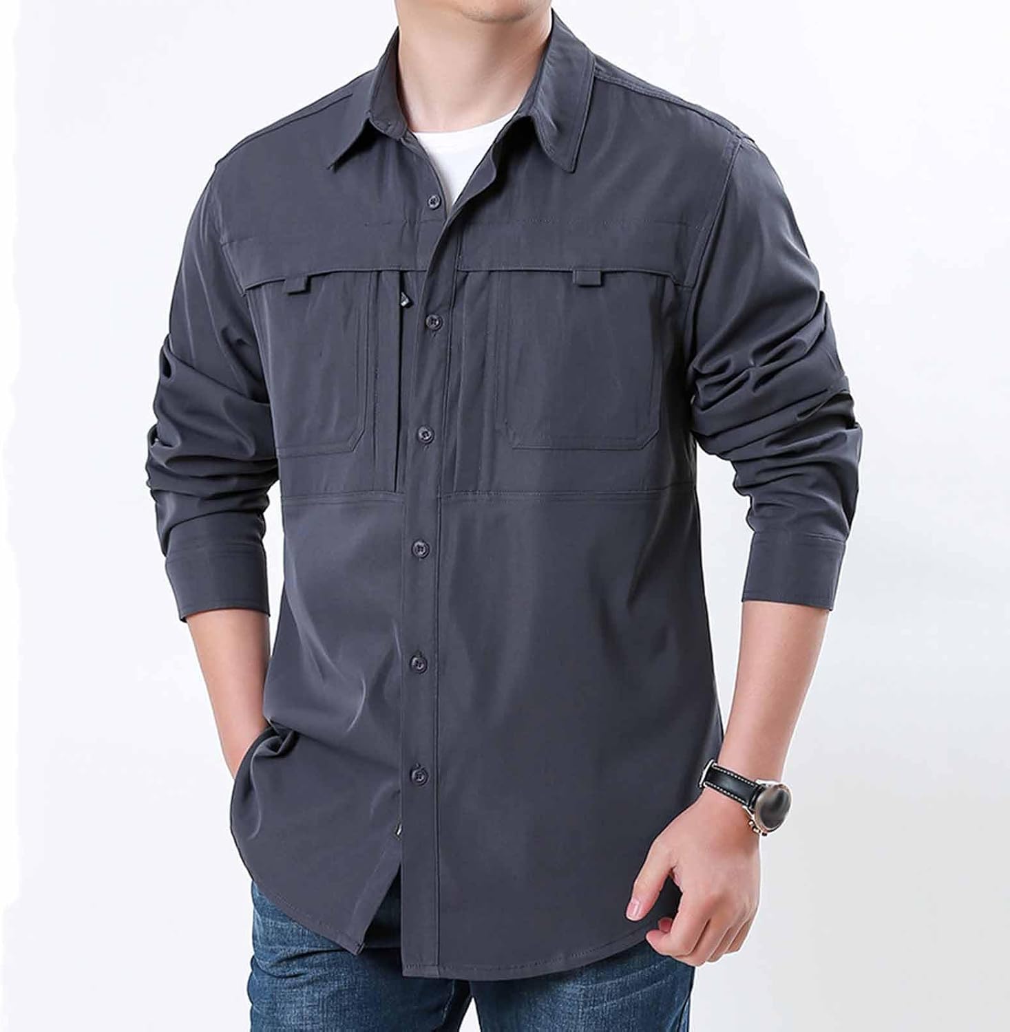 Men's Breathable Long Sleeve Quick Dry Shirts for Fishing Safari | Men's Breathable Long Sleeve Quick Dry Shirts Mesh Ventilated Back Tops Functional Pockets Customizable Cuffs T-shirts