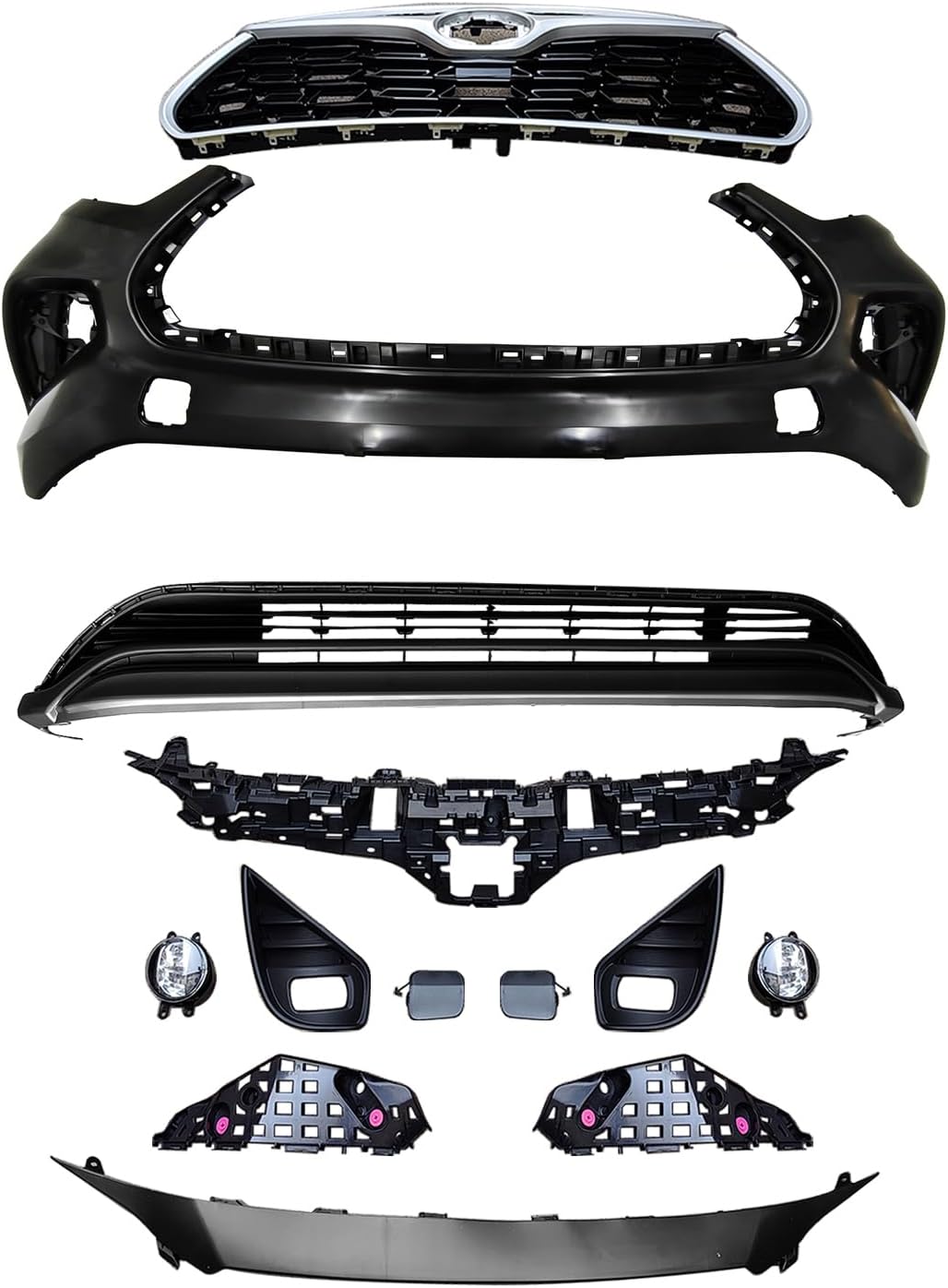 Highlander Front Bumper Cover Grille Kit Compatible with 2020 2021 2022 To-yota Highlander XLE, Platinum, Limited, Hybrid, L, LE, XSE Without Sensor Holes With Tow Hook Hole & Cover