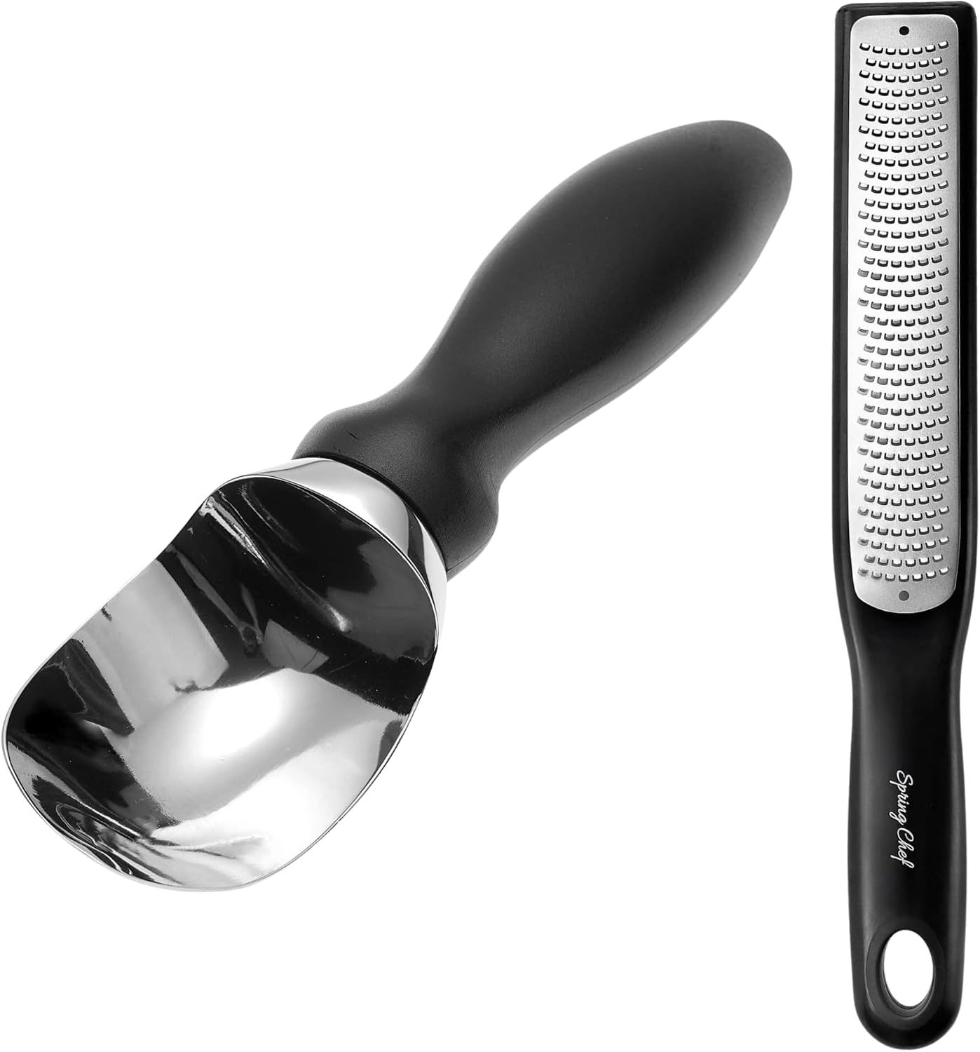 Spring Chef Premium Ice Cream Scoop & Stainless Steel Handheld Zester/Fine Grater - 2 Product Bundle - Black
