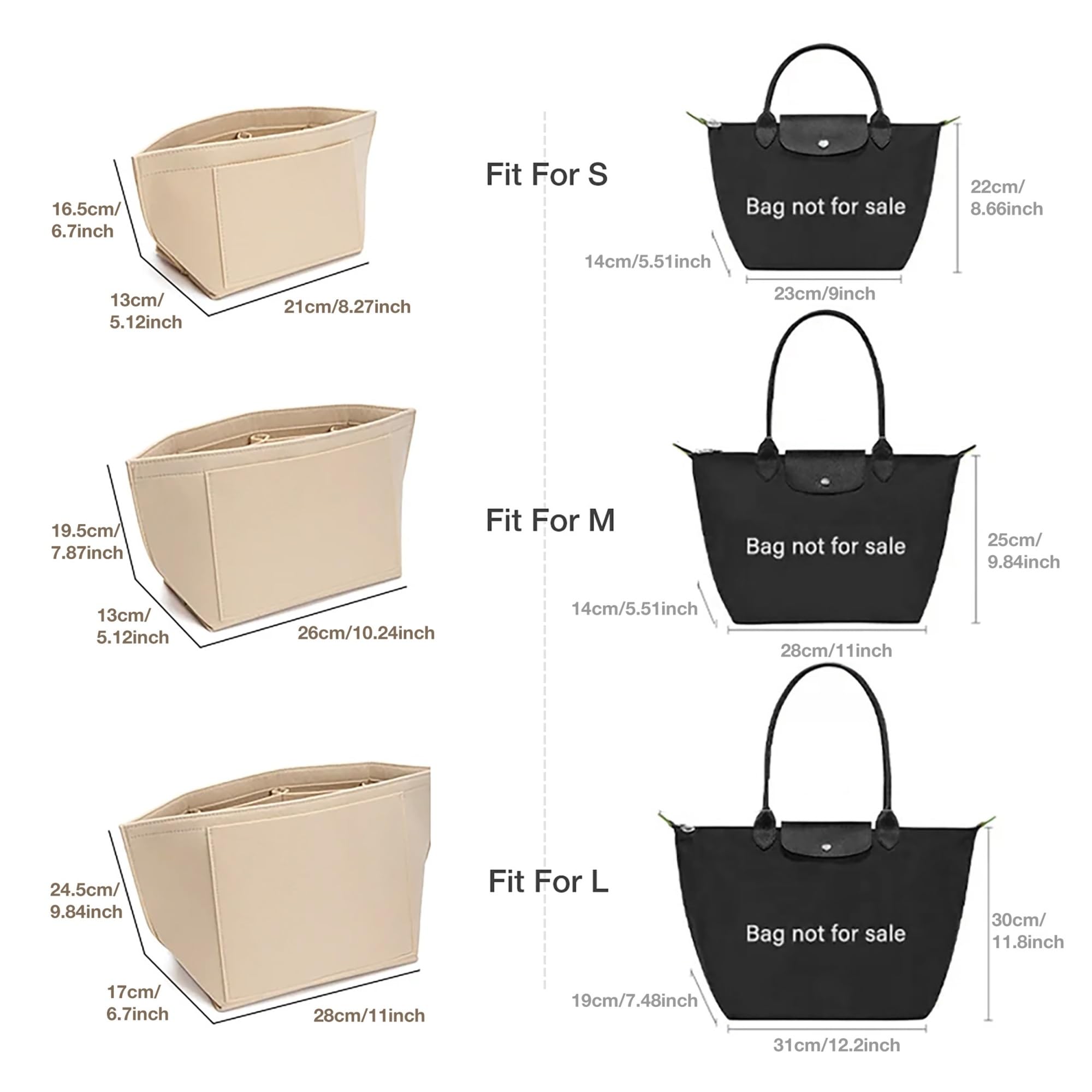 Organizador de bolso de fieltro Inserto organizador de bolso, bolsa fieltro for(Black,L)
