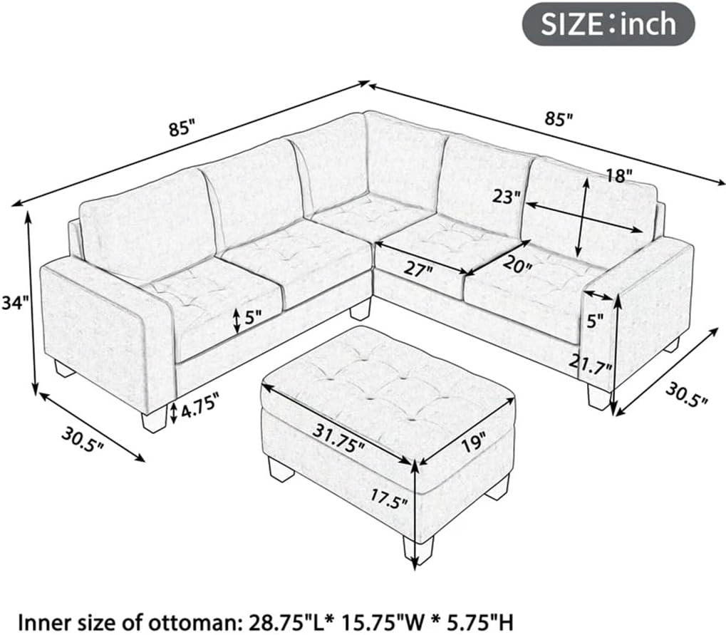 Sectional Corner Sofa L-Shape Couch Space Saving with Storage Ottoman Cup Holders Design for Large Dorm Apartment