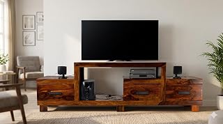 Solid sheesham Wood Standard Multipurpose tv Cabinet Entertainment Unit with 3 Drawer and Shelf for Living Room Home (Natural Finish)