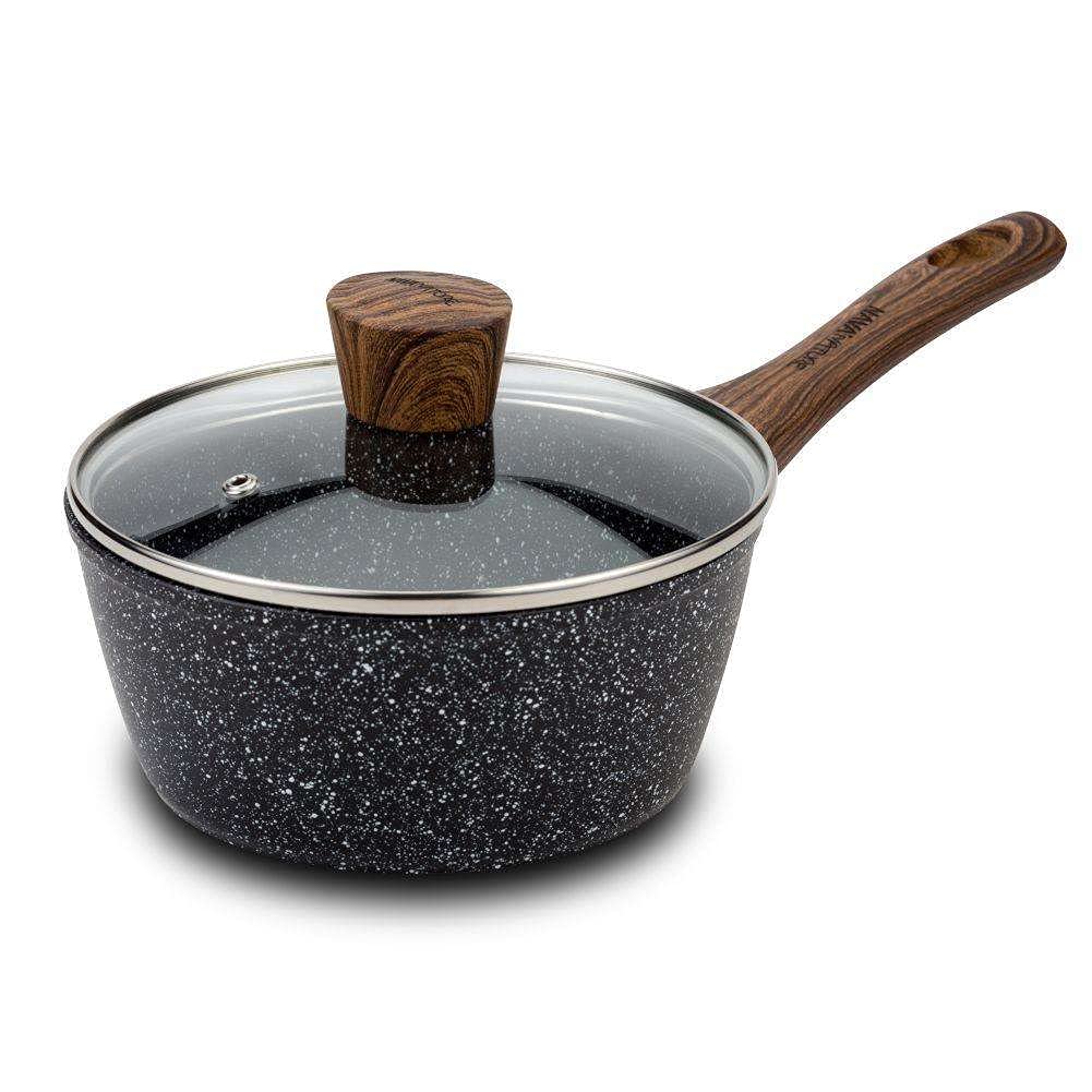 NAVA Natural Saucepan Diameter 18 cm, 1.75 L, Cooking Pot with Granite Coating Lid for Gas Stoves and Induction