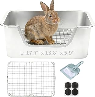 Extra Large Rabbit Litter Box with Stainless Steel Grid, Small Animal Potty Tray for Bunny – Easy Clean Metal Pet Litter Pan 17.7" x 13.8" x 5.9", Anti-Slip Mesh, Comfortable Low-Entry Design