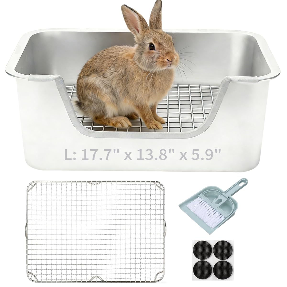 Extra große Kaninchentoilette mit Edelstahlgitter, Kleintier-Töpfchen für Kaninchen, leicht zu reinigende Metall-Katzentoilette, 45 x 35,1 x 15 cm, rutschfestes Netz, komfortables Design mit niedrigem