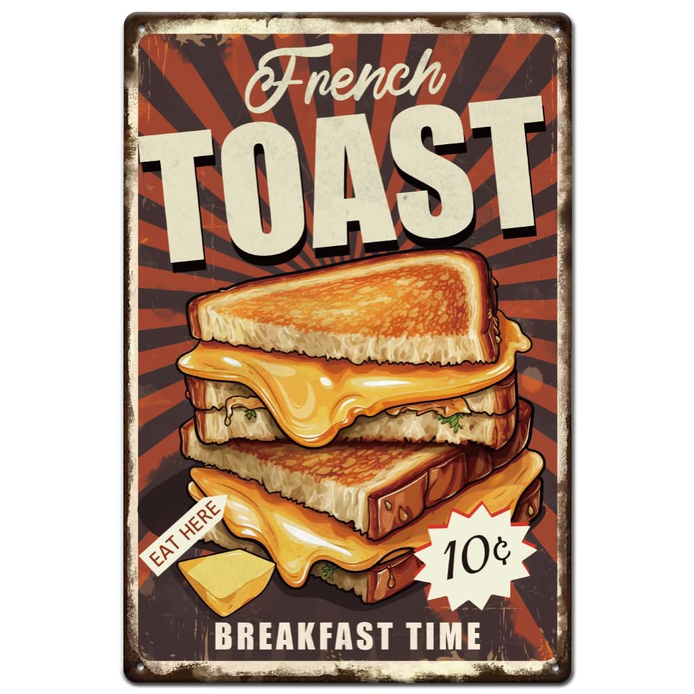 peiyeety French Toast Tin Sign Breakfast Time Metal Tin Sign Retro Metal Poster Vintage Food Signs for Home Office Restaurants Cafes Bars Pub Man Cave Wall Decor Plaque Sign 8x12 Inch