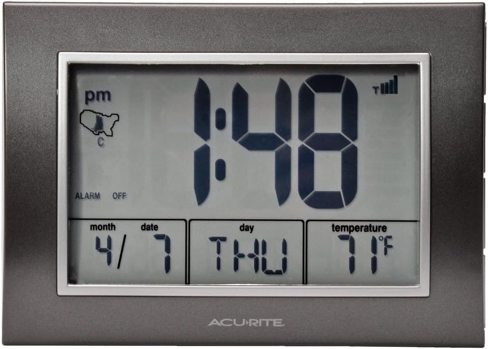 AcuRiteAtomic Alarm Clock with Date, Day of Week and Temperature, Gray, 0.5