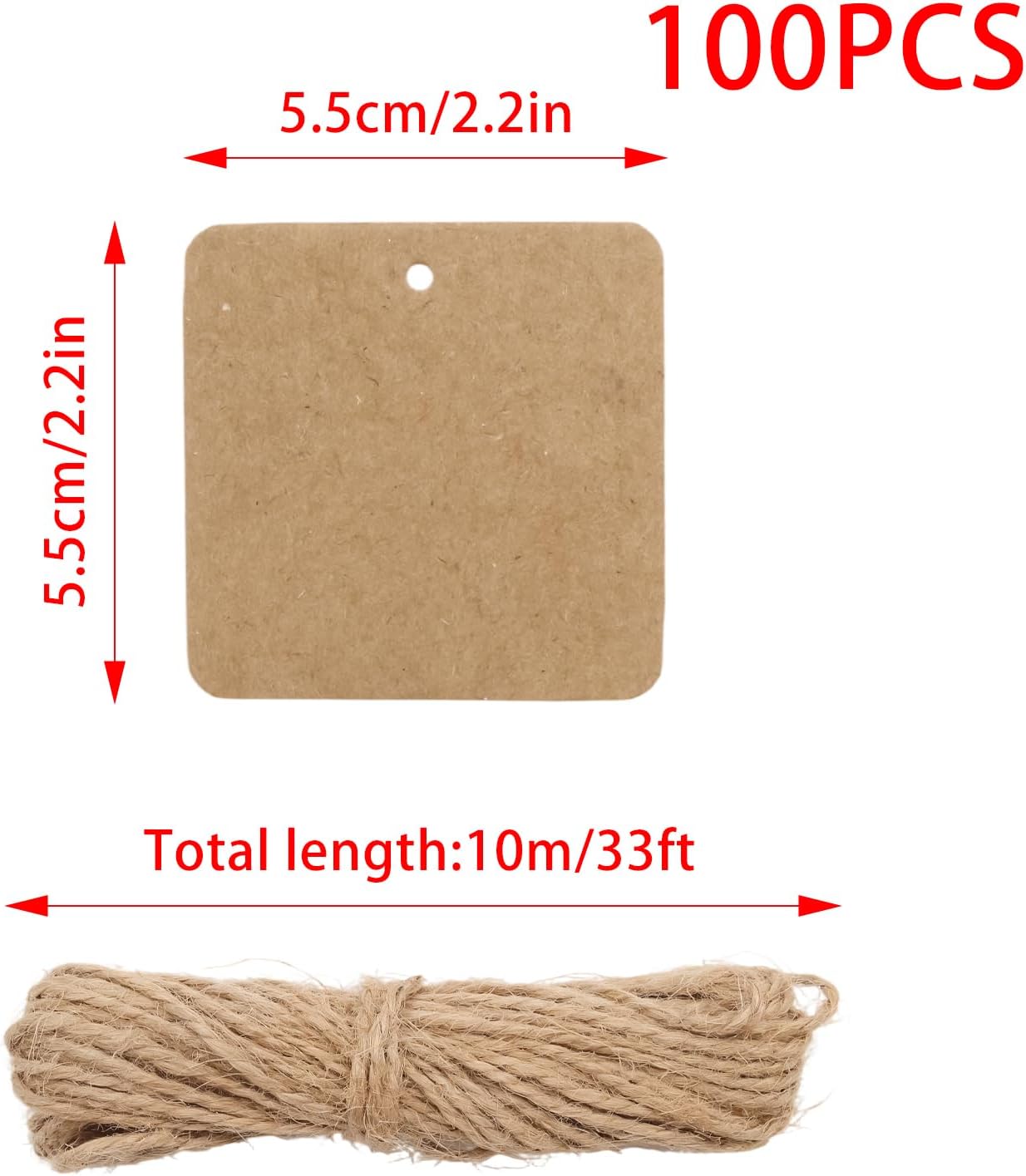 Pocoxll 100 Pcs Brown Square Kraft Paper Tags, Blank Hang Tags with 33 Feet Jute Twine, Perfect for Gift Wrapping, Pricing, DIY Arts and Crafts