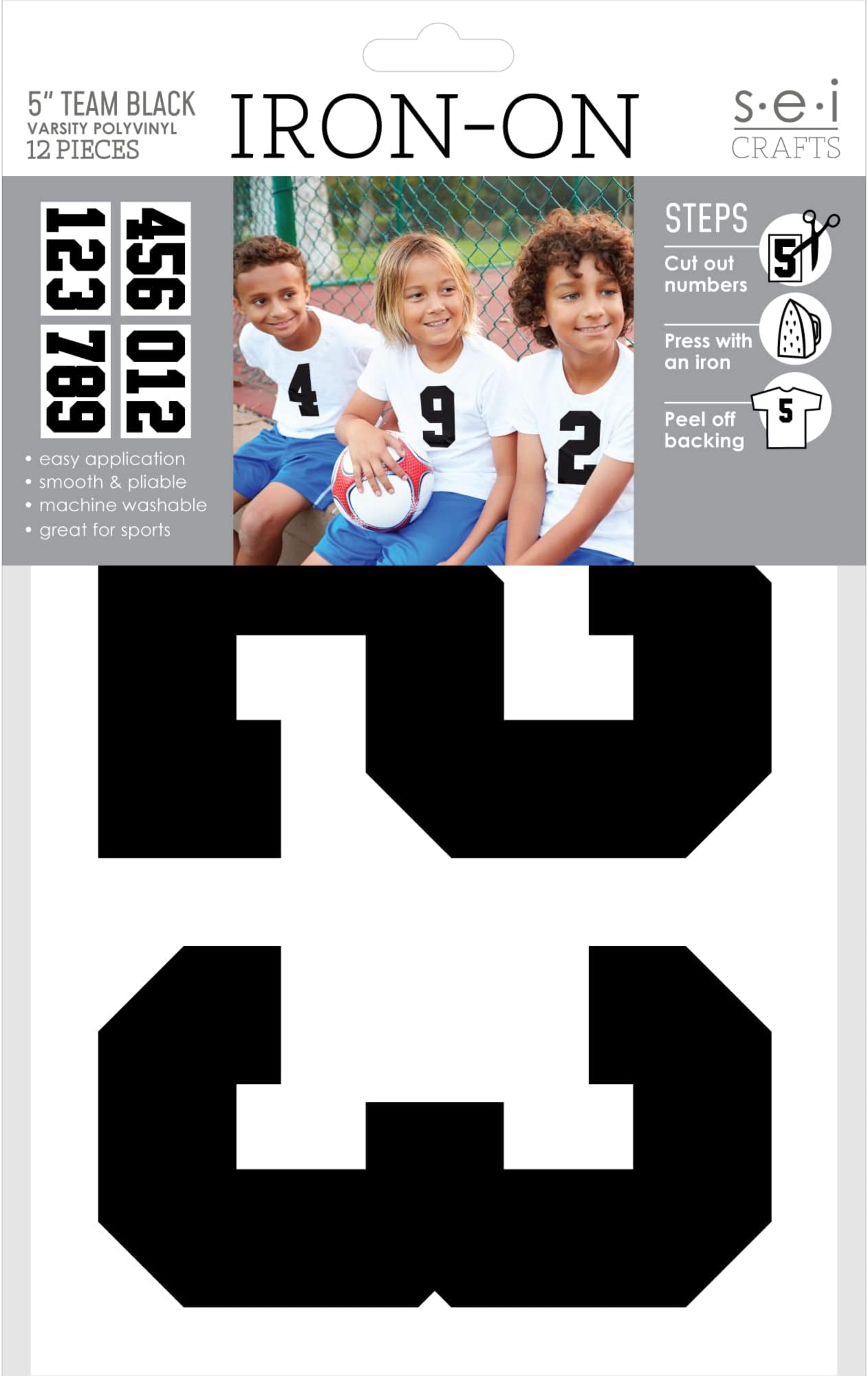 SEI S.E.I. 5-inch Iron-on T-Shirt Numbers, Varsity Number Polyvinyl Heat Transfers, Black