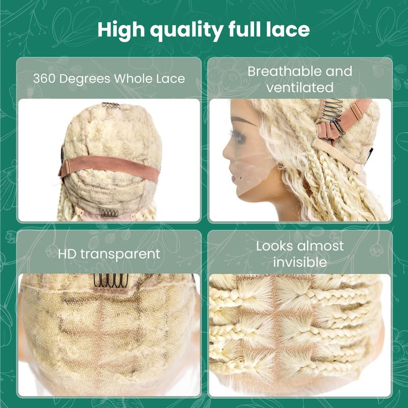 PIB 24" - Single Full Lace Braid Wig – Boho Box Braided Wig Square Parted, Knotless Braided Wigs for Black Women, Synthetic Lace Wigs with Natural Baby Hair (613, Platinum Blonde)