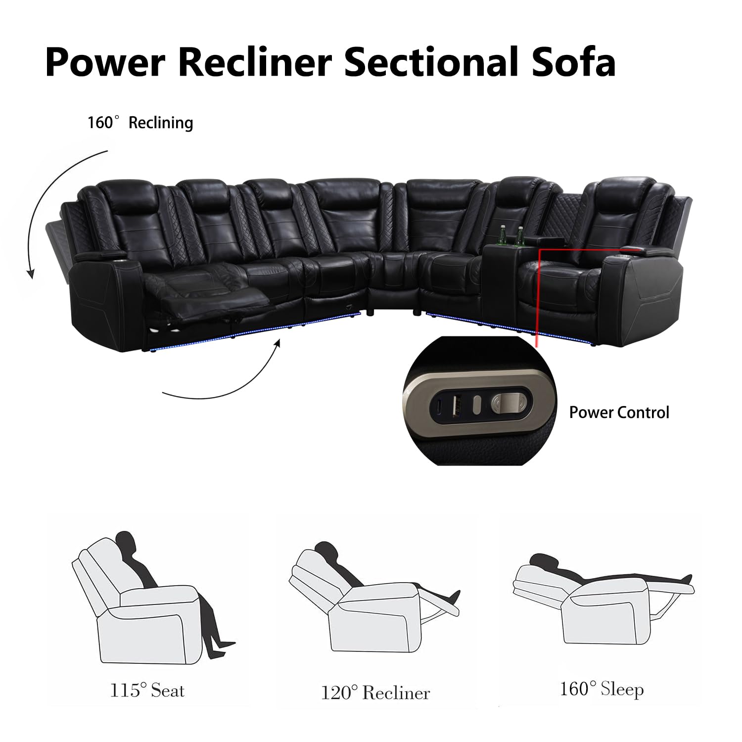 Leather Reclining Sofa Set, Power Recliner Sectional Couch with LED Light view 3
