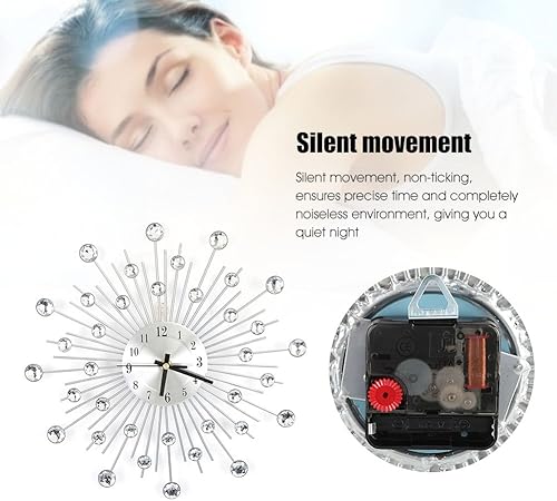 Miniatura 4 de Reloj de pared de 11.8 pulgadas, sin ruido, de metal, de cristal, decorativo, con tachuelas, brillantes, decoración de pared, para el hogar, sala de