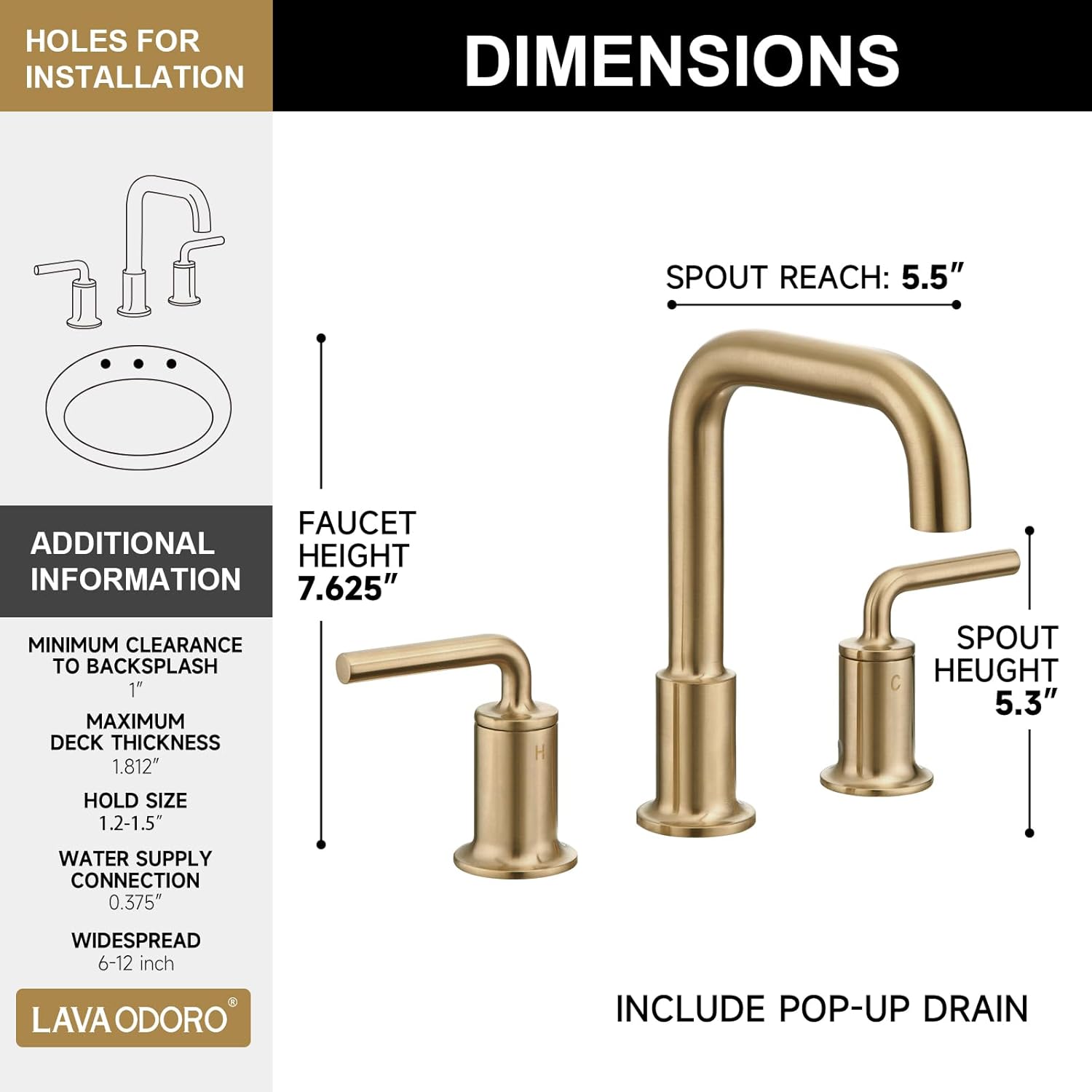 Lava Odoro Champagne Gold Bathroom Faucet, 8 inch Widespread Bathroom Faucet 3 Hole with Drain Assembly Supply Line, Solid Brass Lead-Free Bronze Vanity Faucet BF503-CB - Image 4