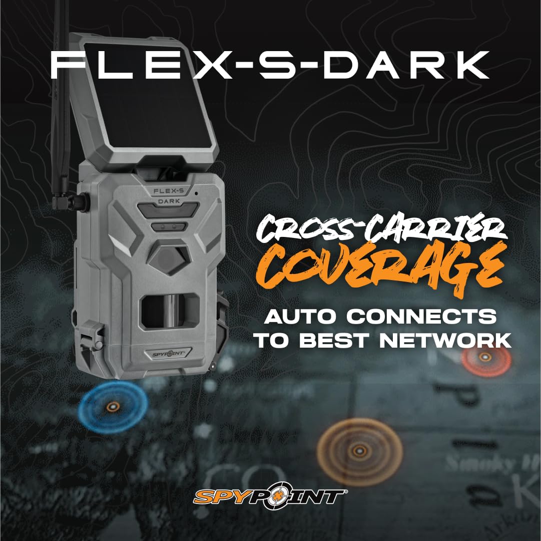SPYPOINT Flex-S-Dark Solar Cellular Trail Camera – Built-in Solar Panel, 40MP Photos, 1080p Videos + Sound, No-Glow Game Camera, Night Vision, Motion Activated Trail Cam