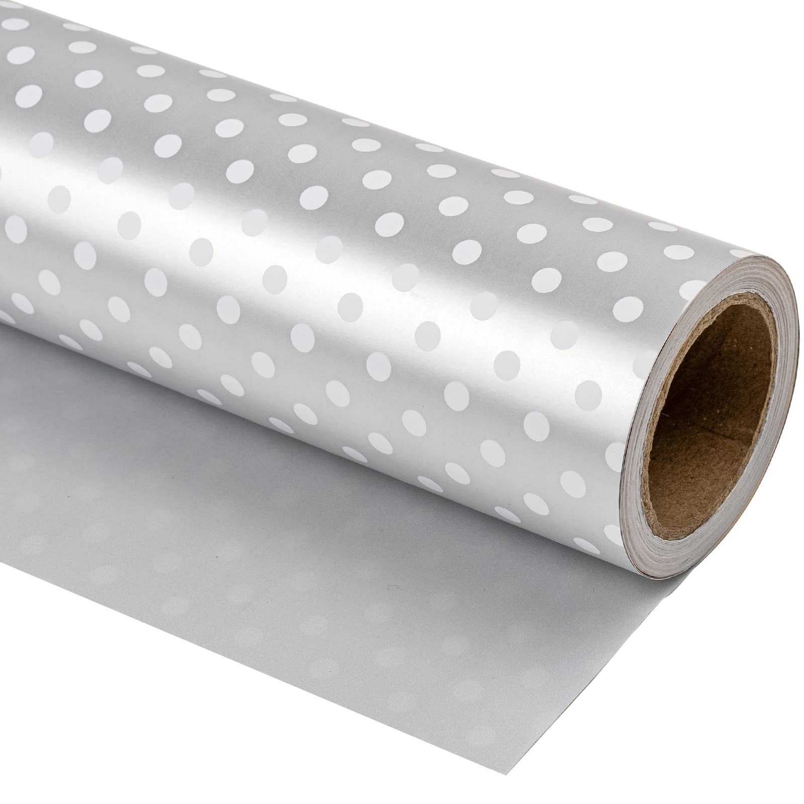 RUSPEPA Reversible Wrapping Paper - Mini Roll - 43.2cm X 10m - Silver Print and Polka Dot Design for Birthday, Wedding, Baby Shower
