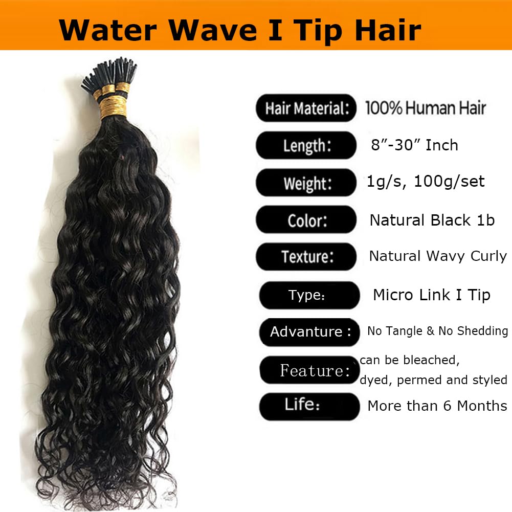 Water Wave I Tip Human Hair Extension Pre Bonded Raw I Tip Keratin Fushion Hair Natural Wavy Curly 100g/100 strand 24inch Microlink Beads I Tip Hair Extensions