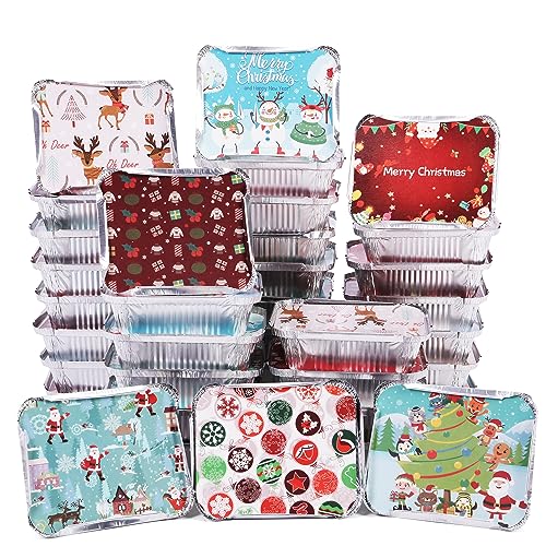 SAITI 50 PCS Christmas Cookie Tins with Lids for Gift Giving, Disposable Food Storage Pan Aluminium Foil Treat Containers for Holiday Leftovers Goodie or Cookie Exchange