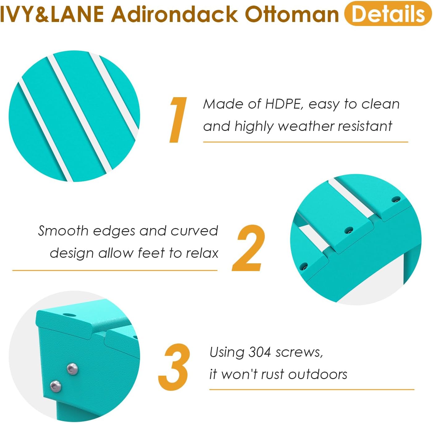 IVY&LANE Outdoor Adirondack Ottoman | Folding | HDPE | Aqua | All Weather | Waterproof Patio Footrest for Adirondack Chair | Poly Lumber Foot Rest for Deck Backyard