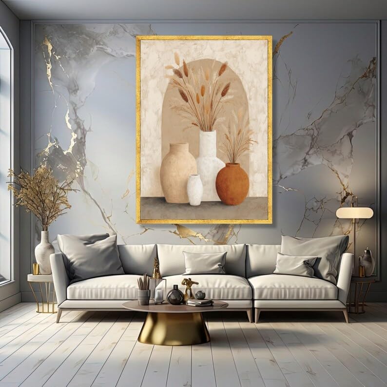 Vases rustiques en tableau sur toile pour réchauffer un mur blanc vide