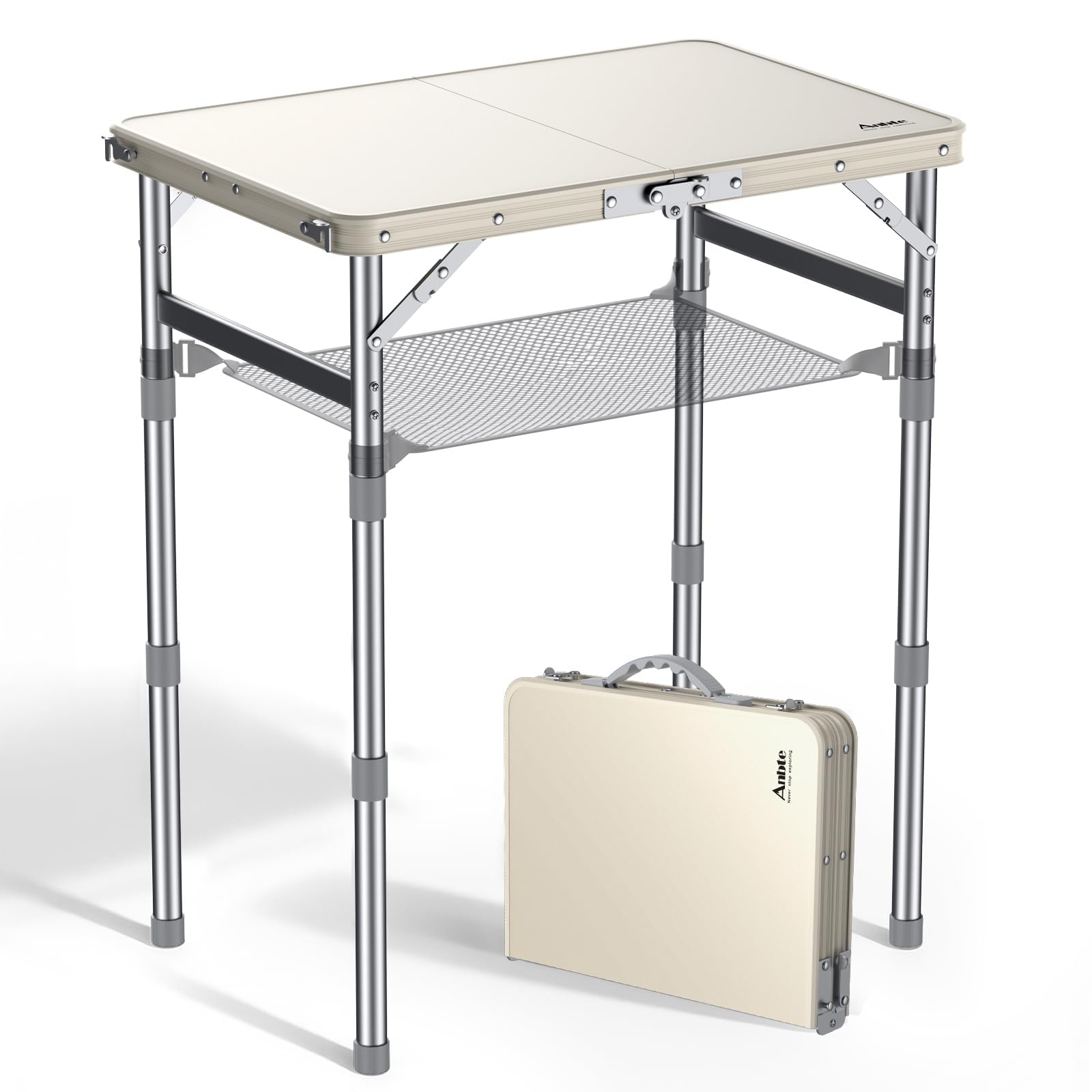 Anbte Table Pliante 58x40x26/48/70cm, 3 Hauteurs Réglables, Argent et Beige | Plateau en Plastique Étanche, Cadre en Aluminium, Facile à Nettoyer, Table légère pour Camping, Jardin, Terrasse, Intérieur