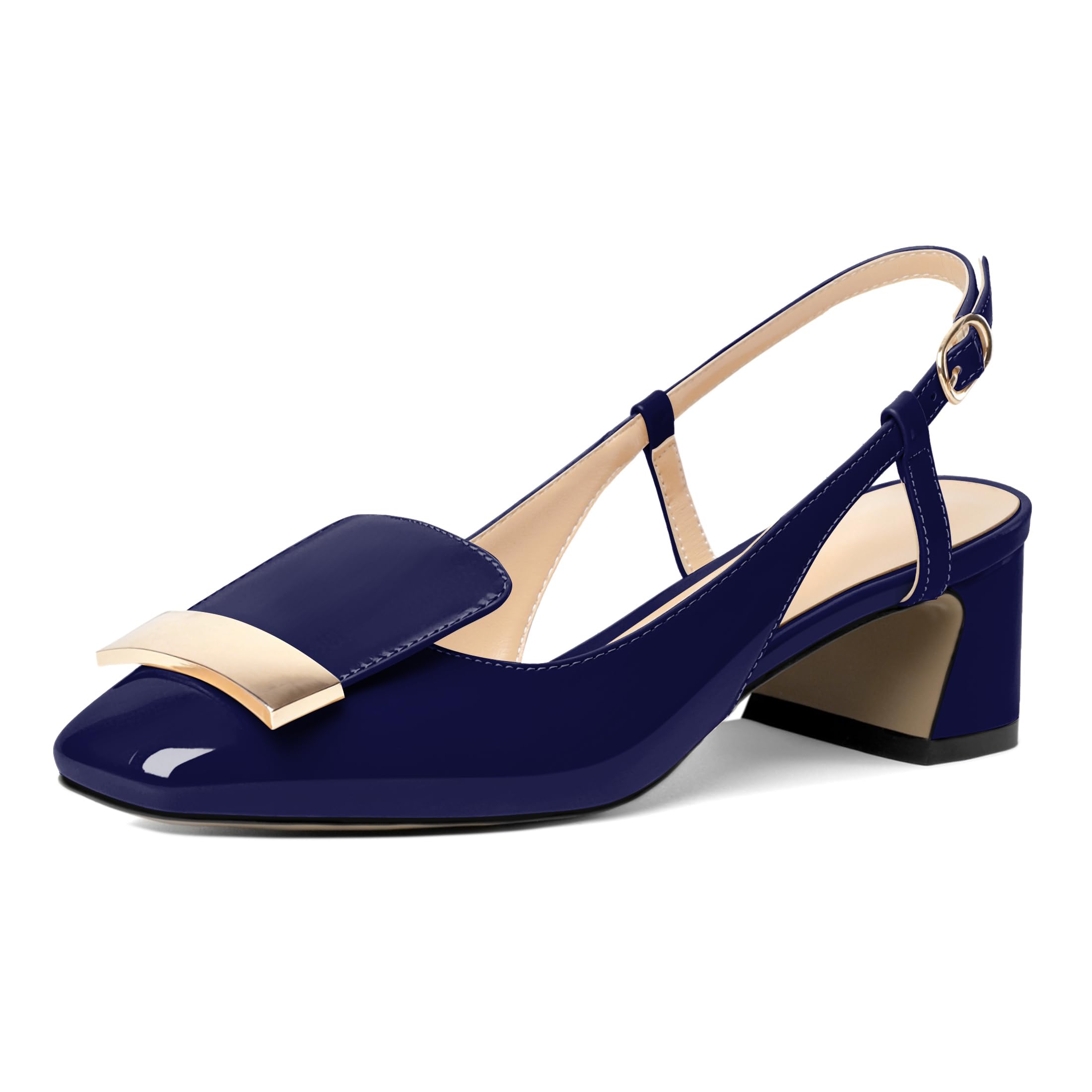 Joseywade Women Slingback Low Block Chunky Heel Pumps Closed Square Toe Dress Shoes 2 Inch Heeled Sandals with Adjustable Strap