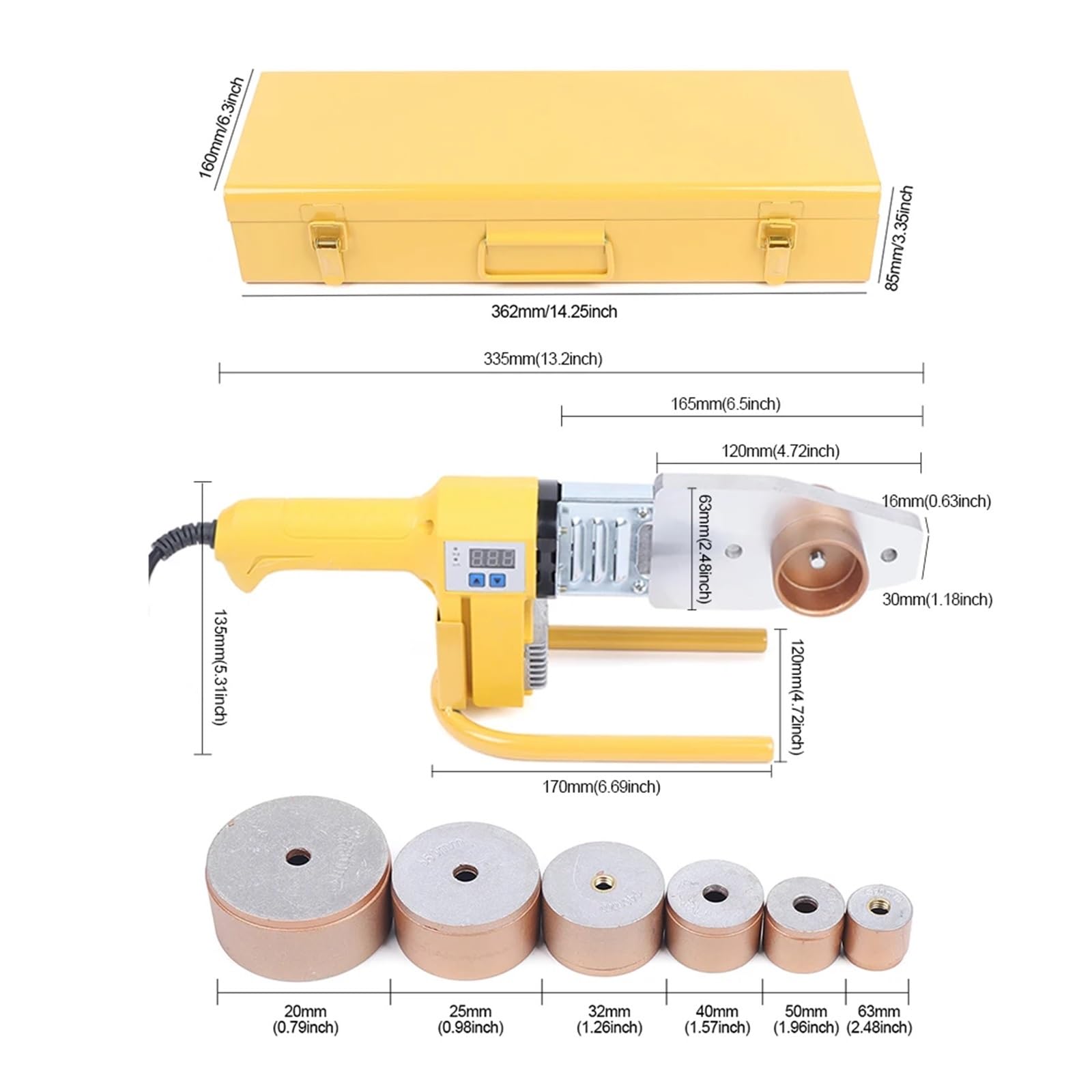 Soldador de tubos for soldadura por fusión plástico PPR, PE y PP Ø20-63 mm Para uso de bricolaje