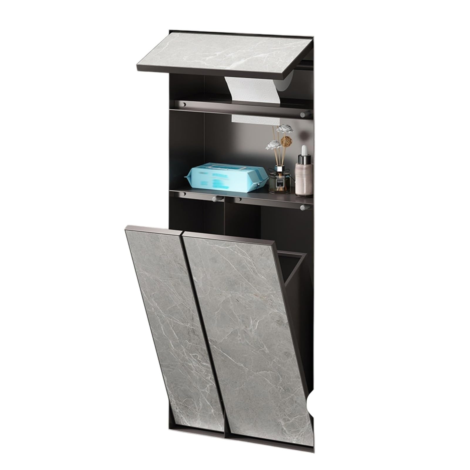 Embedded Toilet Paper Holder with Shelf and Storage, Push to Open Shower Niche Trash Can Invisible Recessed Wall Niche Tissue Roll Holder