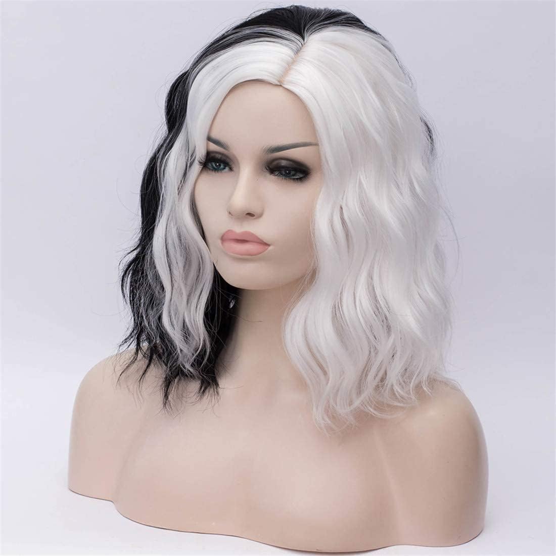 FVCENT Short Black and White Wig Wavy Half Black and Half White Heat Resistant Women Wig (Black and White With accessories) - Image 5