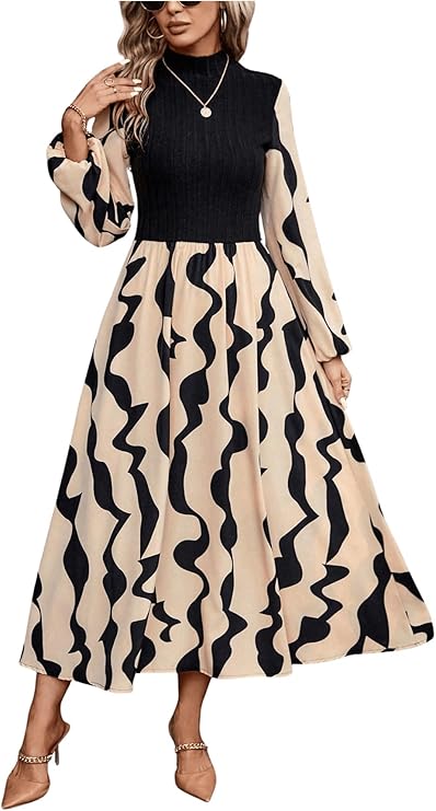 BEAUDRM Women's Graphic Print Dresses Mock Neck Long Sleeve Dress High Waist A Line Dress