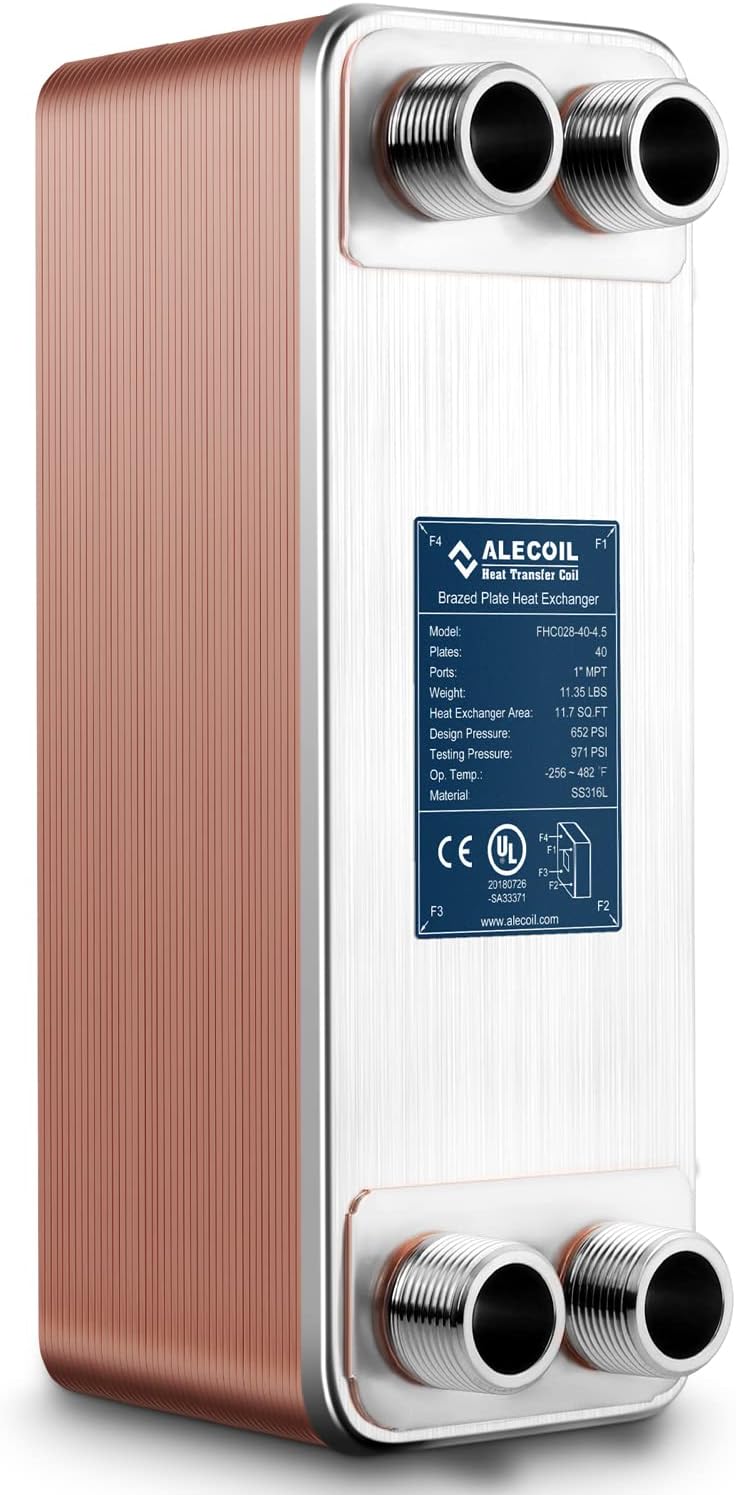 4"x12"-40 Plates Heat Exchanger with 1" MPT Port Water to Water 316L Stainless Steel Brazed Plate Heat Exchanger for Water Heating, Floor Heating, Industrial and Commercial Refrigeration
