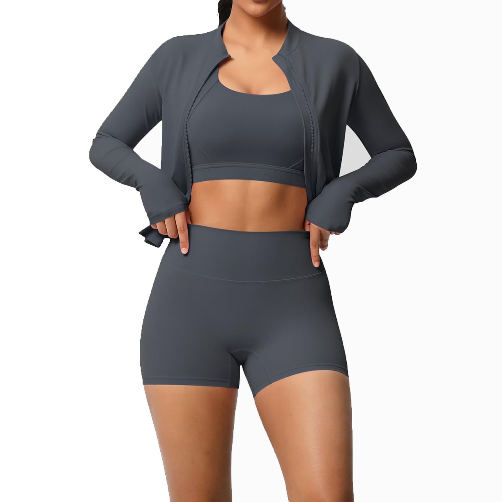Set Yoga Tre Pezzi Top Spazzolato Giacca Sport Abbigliamento Corsa Fitness Casual, grigio, M