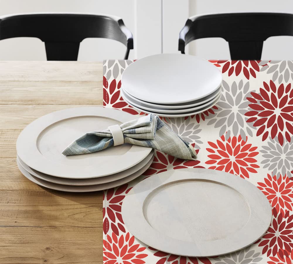 Vorysum Moderne tafelloper voor de zomer, waterdichte tafelloper met bloemen, rode dahlia's, seizoensgebonden herfst, keukendecoratie voor binnen, vakantie, feesten, bruiloften, 40 x 140 cm