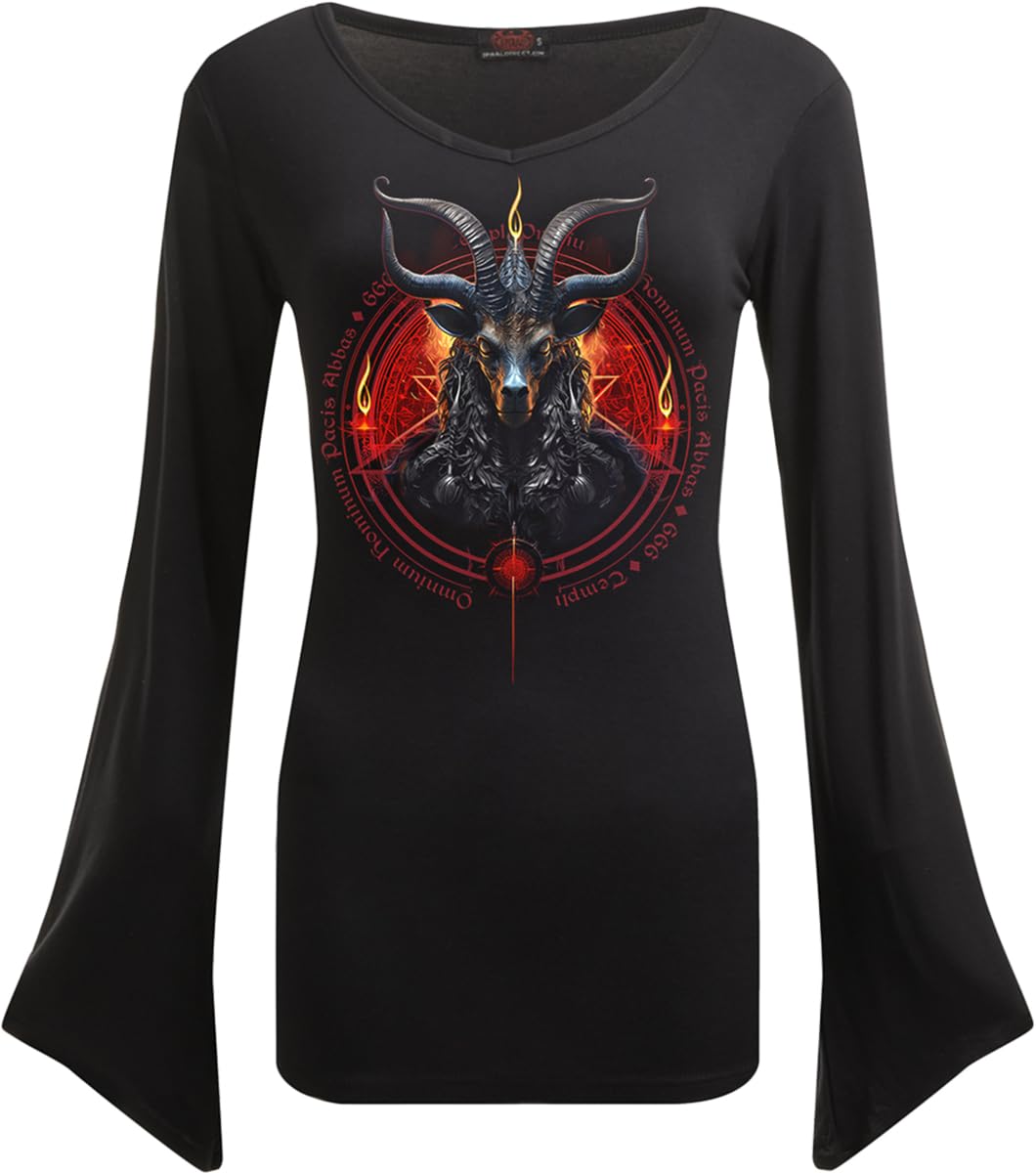 Spiral - Baphomet - V Neck Goth Sleeve Top Black - M