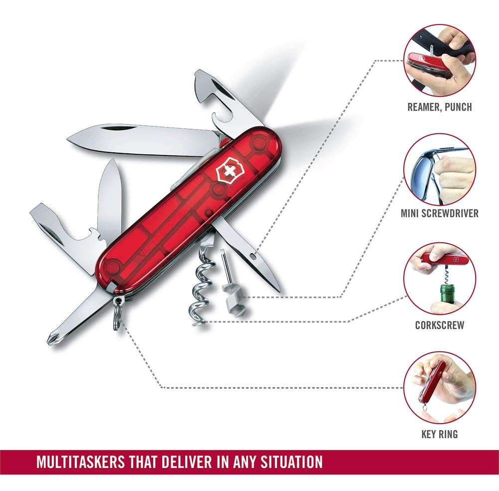 Victorinox Spartan Lite Couteau de Poche Suisse, Léger, Multitool, 15 Fonctions, Grand Lame, Tire Bouchon, Led, Rouge Transparent