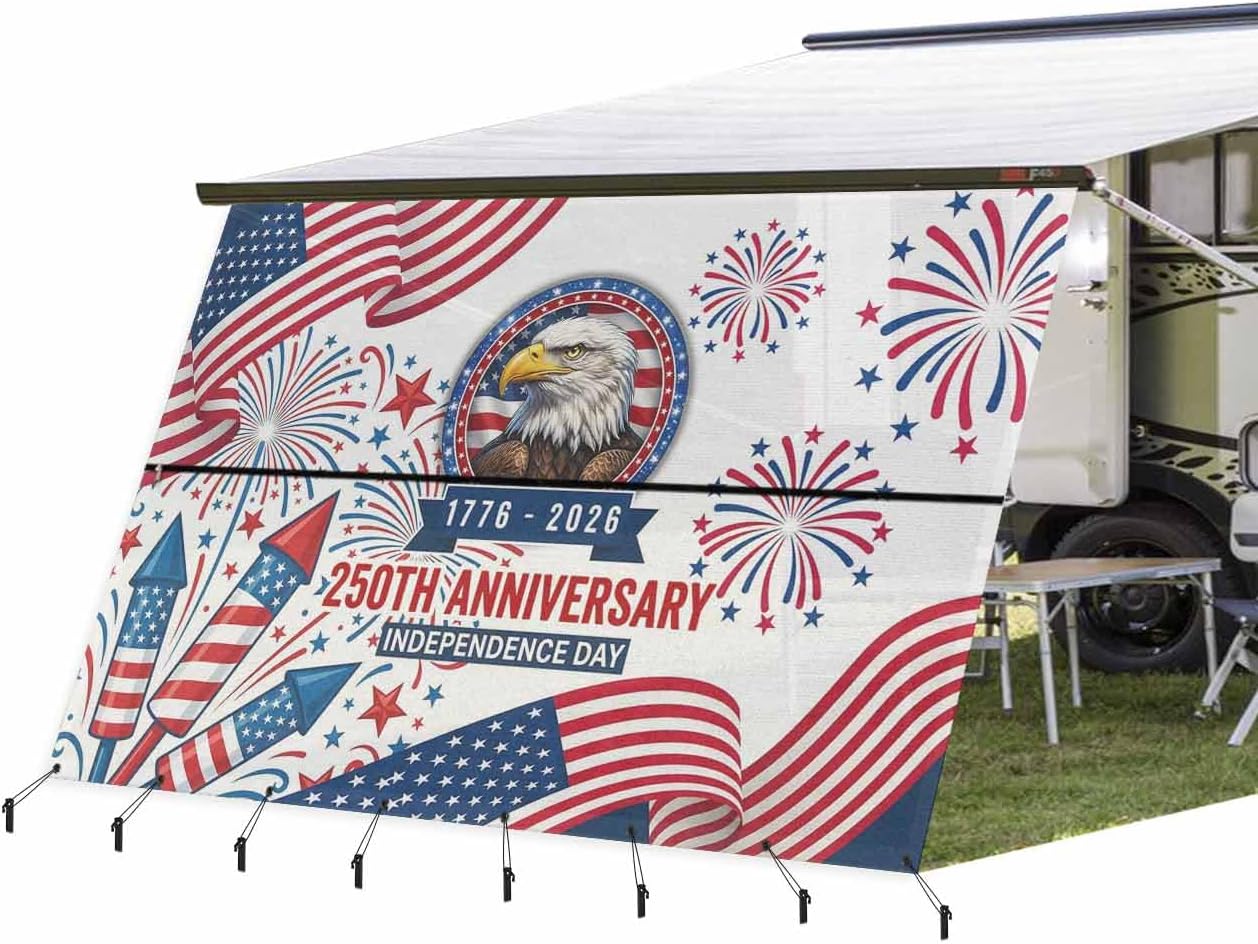RV Awning Sun Shade Screen 9' x 13'3", 250 Anniversary USA Flag Mesh RV Awning Shades Complete Kits, Eagle American Fireworks Sunlight Blocker Outdoor Canopy for Camping Trailer Motorhome