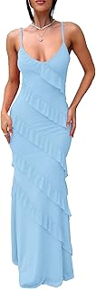 Women's Sexy V Neck Backless Bodycon Spaghetti Strap Elegant Ruffle Maxi Cocktail Party Dresses