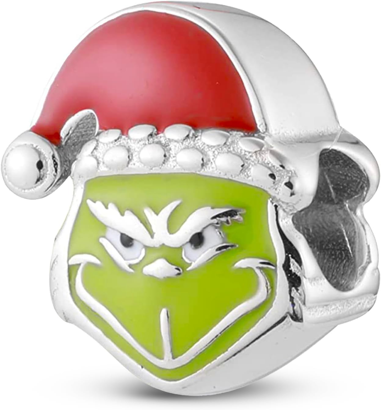 Bolenvi Christmas Green Monster Charm Bead, 925 Sterling Silver Holiday Charm, Red Hat Enamel, Compatible with Pandora Bracelets & Necklaces, Cute Christmas Jewelry Gift