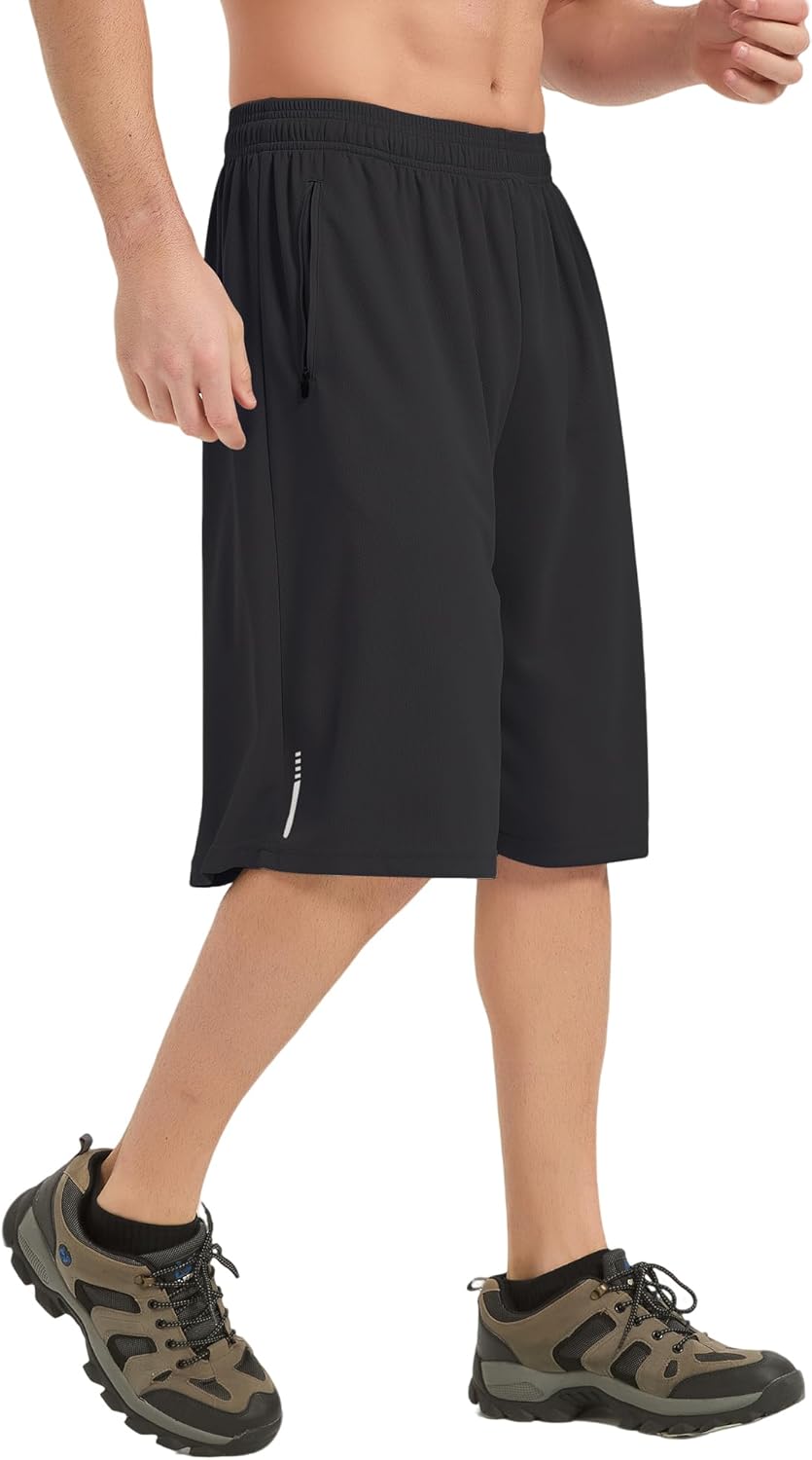 HQUEC Men's Athletic Shorts 12" Long Basketball Workout Shorts Below Knee Loose-Fit with Zipper Pockets
